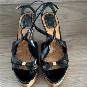 Dior Black Patent Leather Cork Platform Wedges with Gold Accent